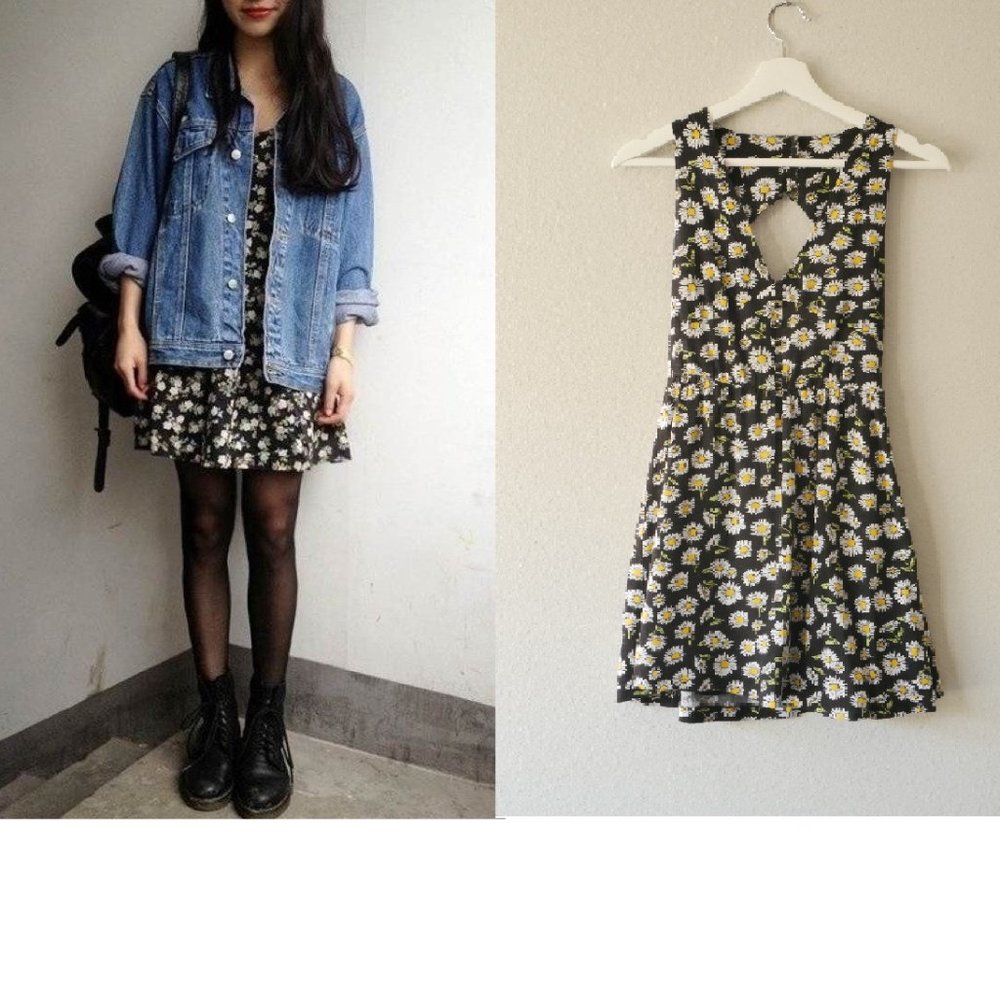 Black dress with flower print and buttons